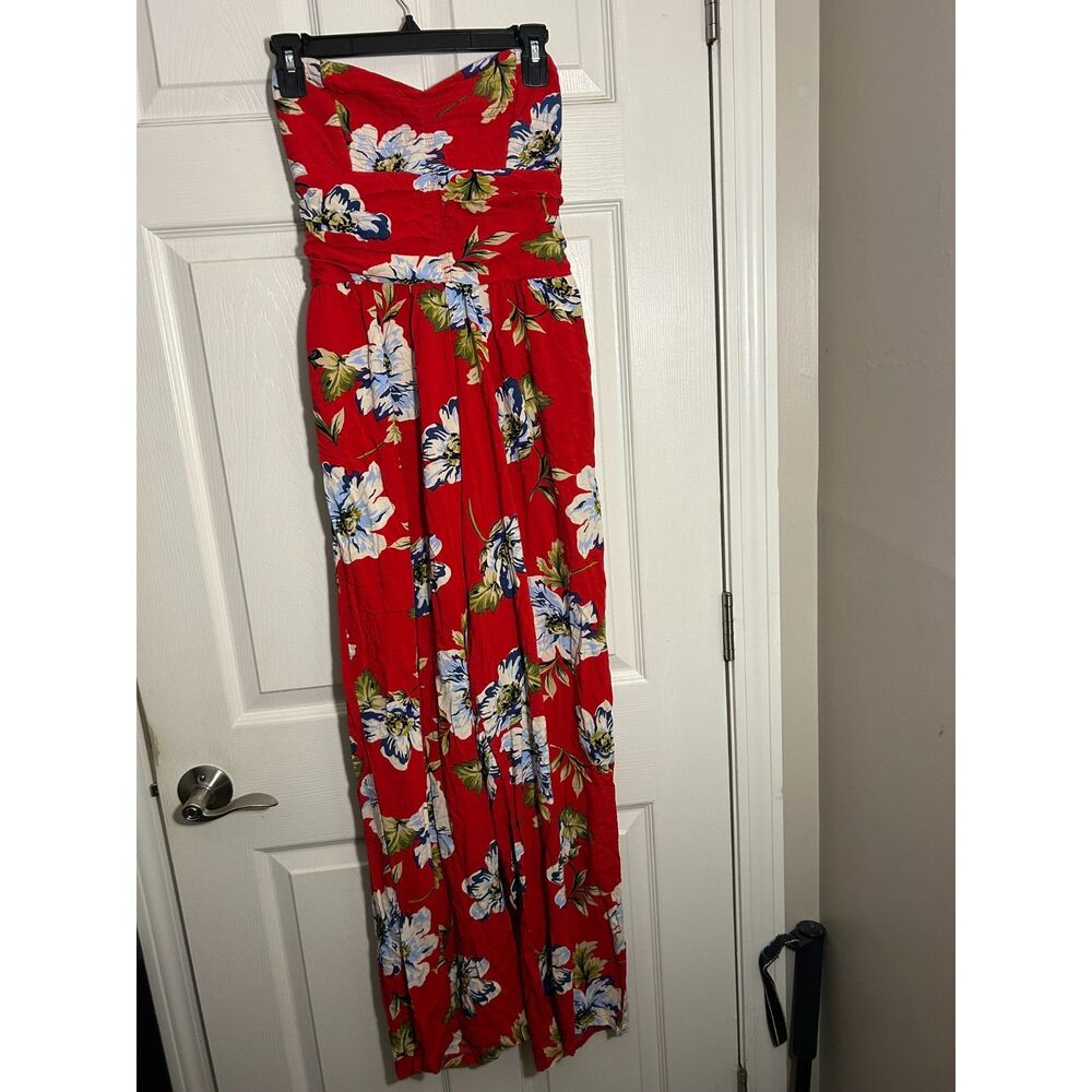 BOG Collective Red Floral Strapless Wide Leg Jumpsuit Medium